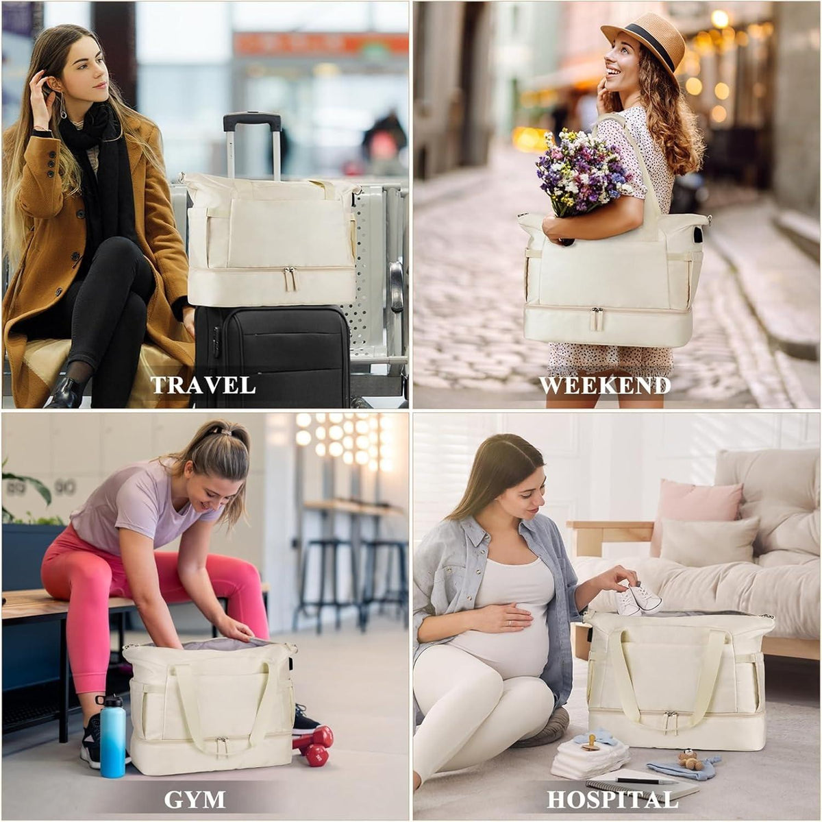 Gym Bag Womens, Travel Duffel Bag, Easyjet Cabin Bag 45x36x20 Underseat, Weekend Bag with Shoes Compartment, Hospital Bag with Wet Pocket & USB Charging Port, Overnight Sports Bag, Beige