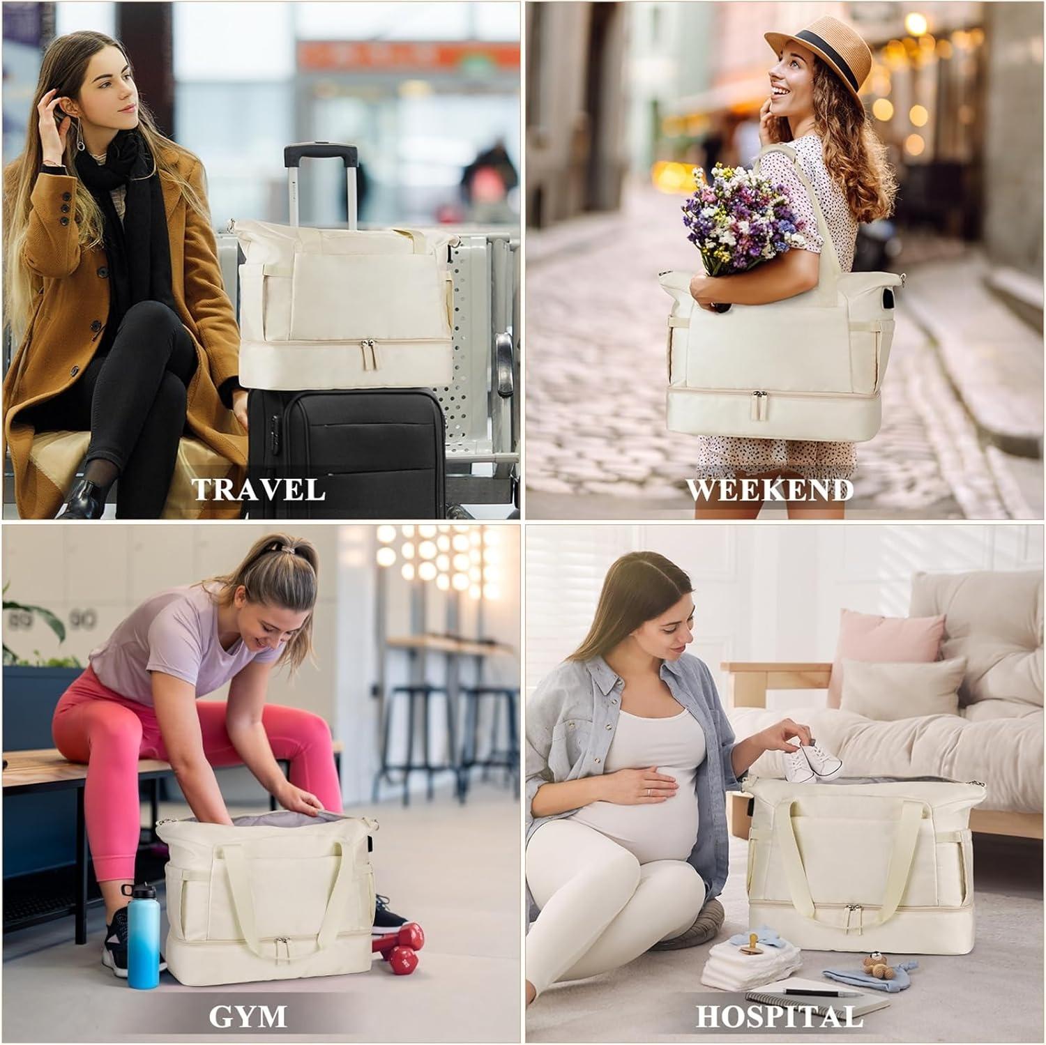 Gym Bag Womens, Travel Duffel Bag, Easyjet Cabin Bag 45x36x20 Underseat, Weekend Bag with Shoes Compartment, Hospital Bag with Wet Pocket & USB Charging Port, Overnight Sports Bag, Beige