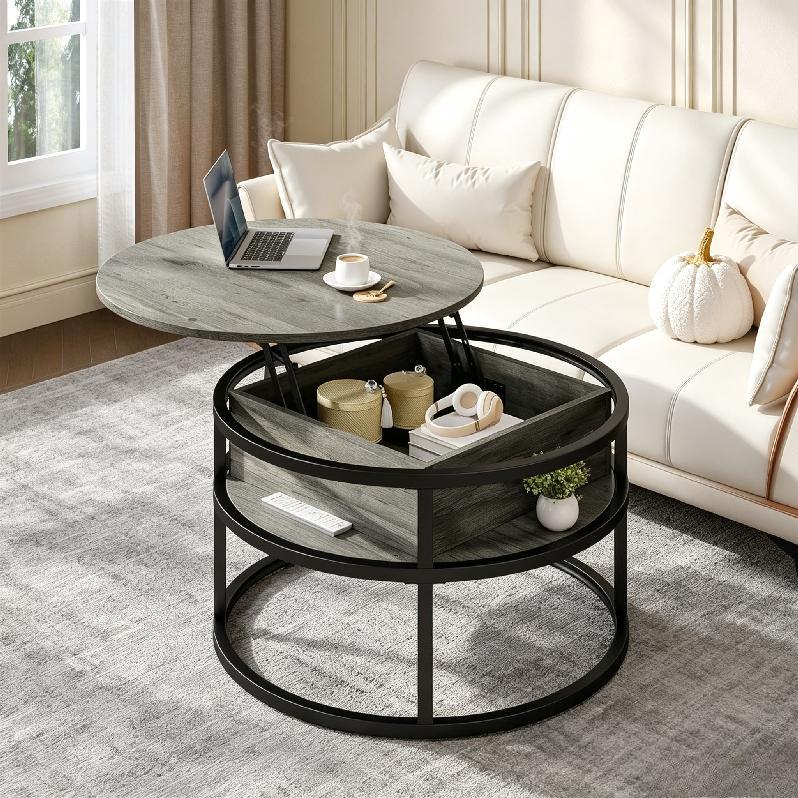 Round Lift Top Coffee Table for Living Room, Rustic Wooden Center Table with Hidden Storage Compartment & Side Open Shelves, Multifunctional Lift‑Up Dining Work Table for Small Space Apartment Home Office