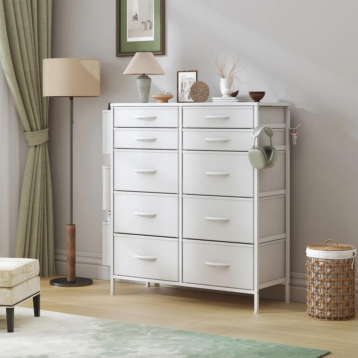 White Tall 10‑Drawer Fabric Dresser with 3 Side Pockets, Chest of Drawers with MDF Wood Top & Metal Frame, Anti‑Tip Storage Organizer for Bedroom Closet Living Room Dorm Office