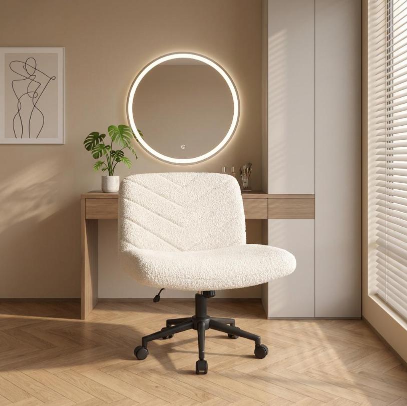 Armless Wide‑Seat Swivel Desk Chair, Adjustable Height X‑Base Mid‑Back Task Chair, Comfy Vanity Chair for Home Office, Study & Makeup