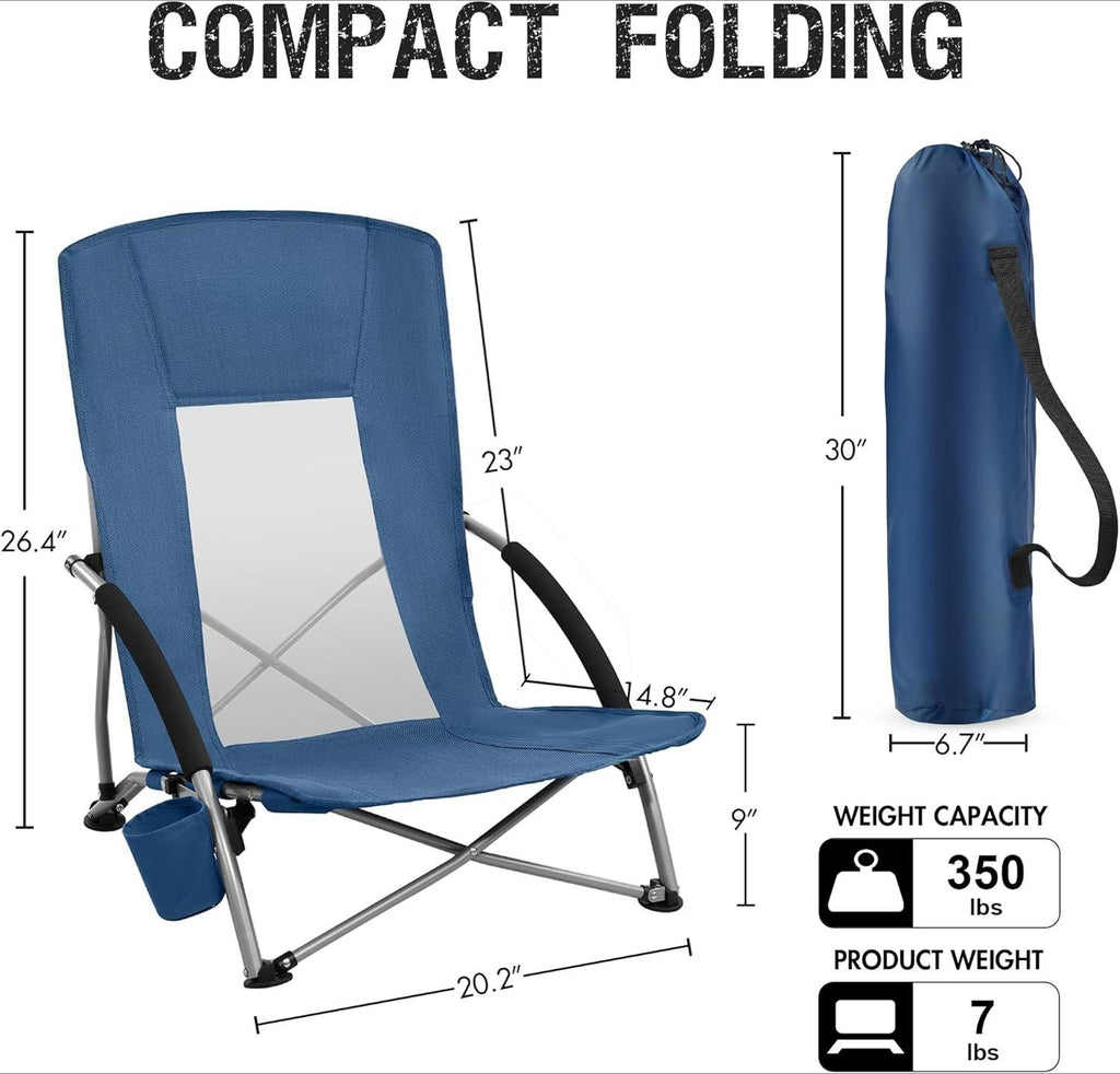 CZHMBM Folding Beach Chairs Low Lightweight Portable for Adults Foldable Beach Seat Camping Festival Picnic Deck Chair Outdoor Collapsible with Cupholder Mesh Back Padded Armrests Supports 150KG