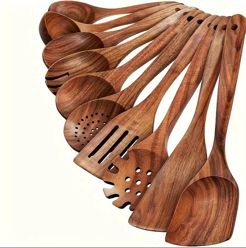 10-Piece Natural Wood Kitchen Utensil Set, Ergonomic Heat Resistant Wooden Cooking Tools, Non-Scratch Spoons & Spatulas for Electric Stoves, Premium Wooden Cookware Accessory, Ideal Kitchen Gift for Home Cooking