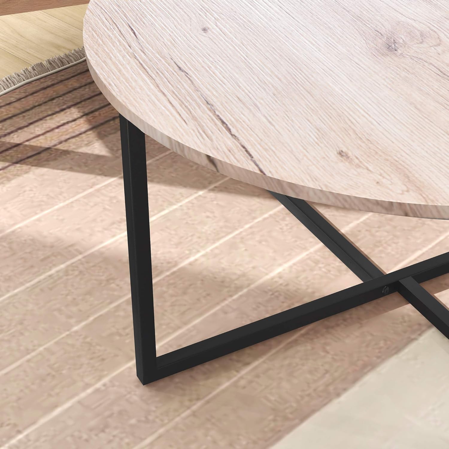 Round Coffee Table for Living Room - Modern Black & White Tea Table with Sturdy Metal Legs, Compact Design
