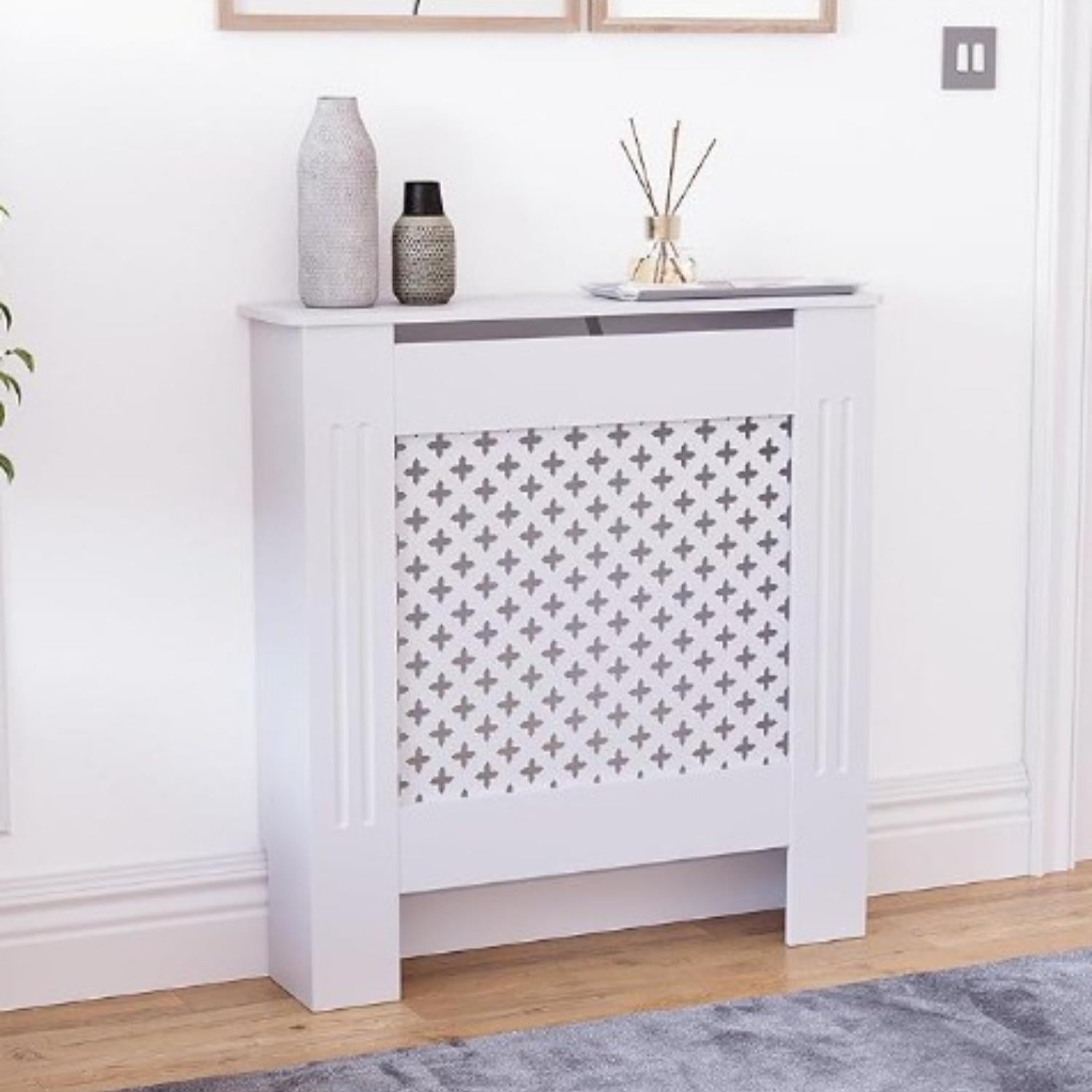 Modern MDF Radiator Cover Small White 82x78x19cm, Traditional Cross Pattern Painted Cabinet with Heat Circulation Grill for Living Room Hallway [Plus A Free Gift]