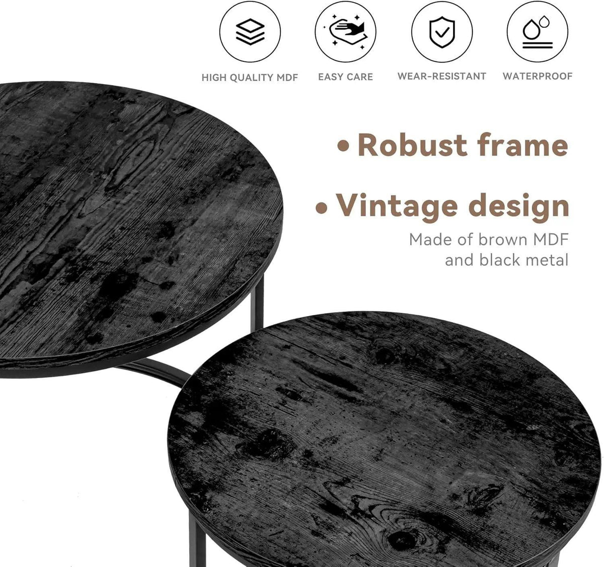Set of 2 Round Nesting Coffee Tables Multi-Functional Side End Table with Sturdy Metal Frame Space Saving Accent Furniture for Living Room Bedroom Apartment Modern Industrial Minimalist Style