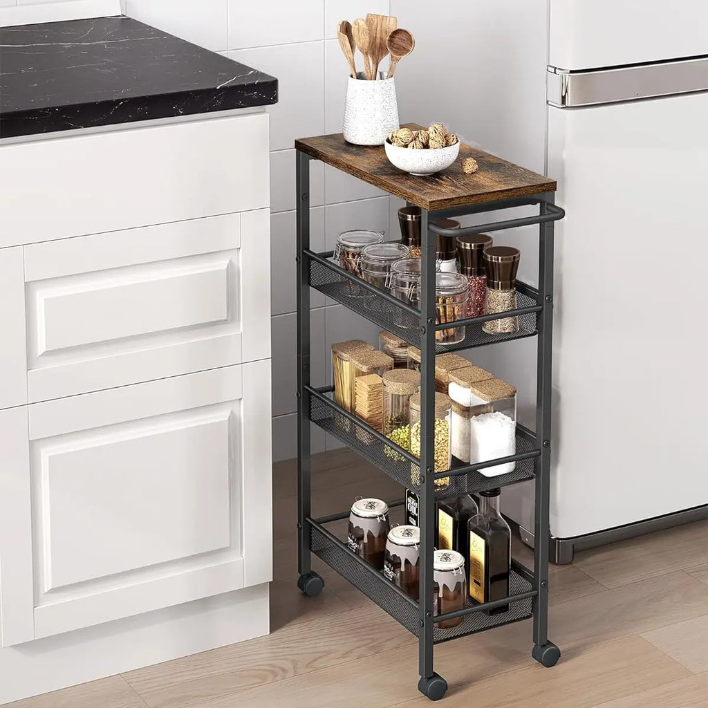 VASAGLE 4-Tier Trolley, Space-Saving Kitchen Cart with Wheels, Steel Frame, Handle, Slim StorageTrolley for Small Spaces, 22 x 45.5 x 77 cm, Kitchen Bathroom Living Room Studio Organiser Racks