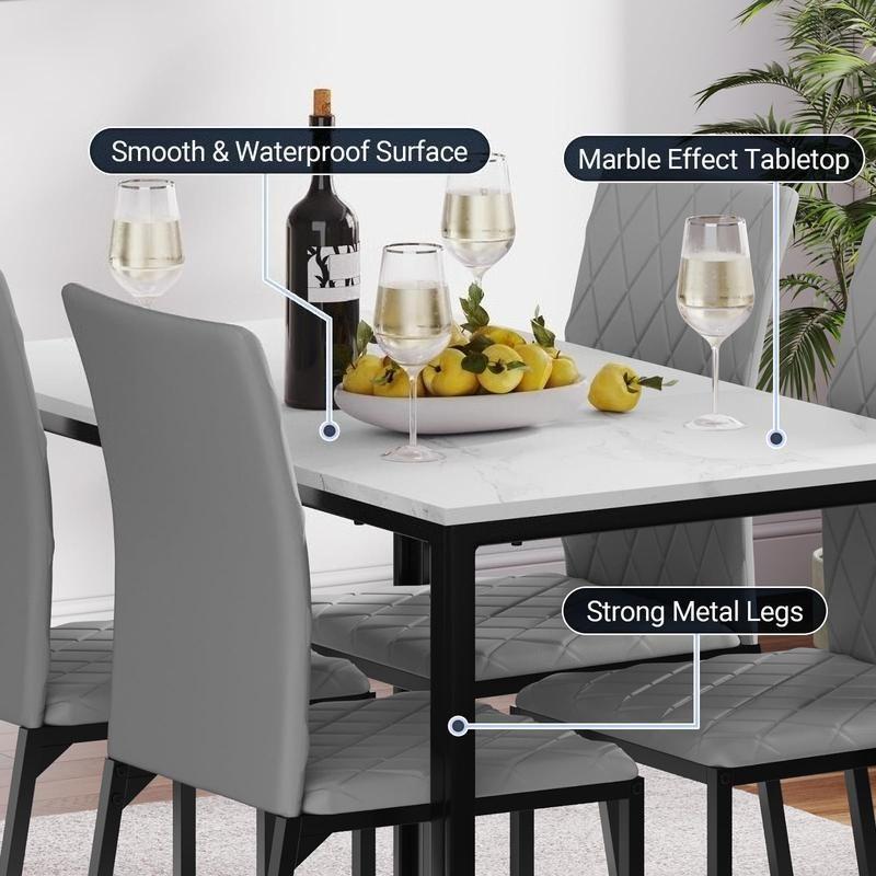 Modern Marble Effect Dining Table Set with PU Leather Chairs, 120x70cm Kitchen Furniture for Home & Apartment [Plus A Free Gift]