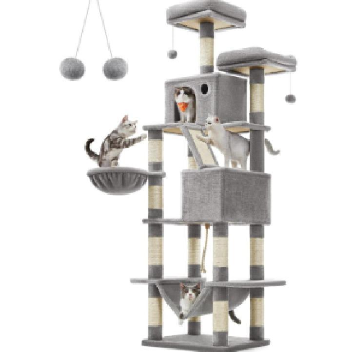 Tall Large Cat Tree 206 cm, Multi‑Level Plush Cat Tower with 13 Sisal Scratching Posts, Scratching Ramp, 2 Perches, 2 Cat Caves, Basket & Hammock, Interactive Pom‑pom Toys for Indoor Multi‑Cat Households
