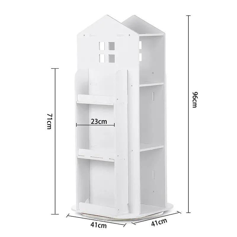 3‑Colors 360° Rotating Kids Bookshelf, House‑Shaped Spinning Wooden Floor Standing Bookcase, Multi‑Functional Book Display & Toy Storage Organizer for Child’s Bedroom, Nursery, Study Room, Playroom