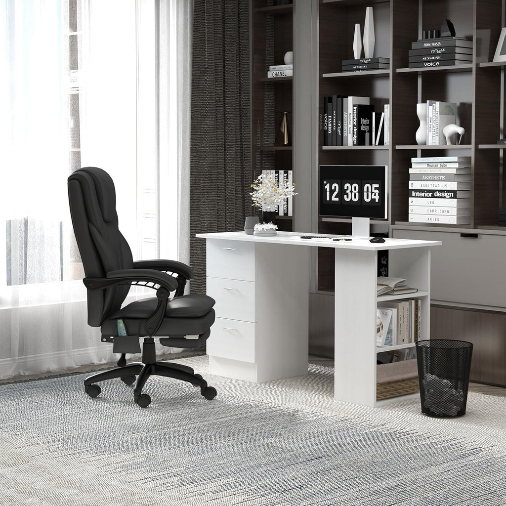 【NS】Computer Desk, Writing Table, PC Workstation with 3 Storage Shelves and Drawers, Silver Handle, for Home Office, White