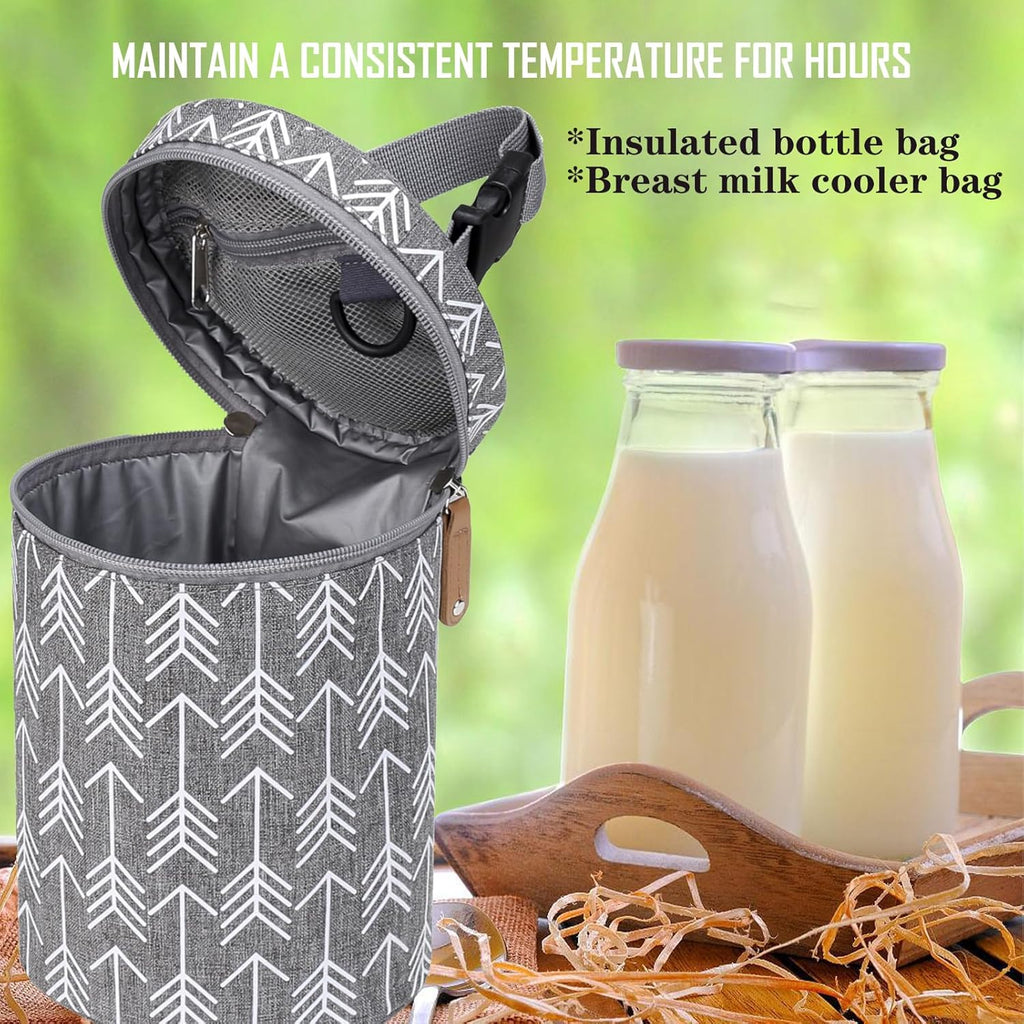 Insulated Baby Bottle Thermal Bag, Portable Breast Milk Cooler Bag Fits 4 Baby Bottles with Ice Pack & Shoulder Strap, Tote Storage Bag Portable Milk Bottle Holder & Carrier (Black & Grey)