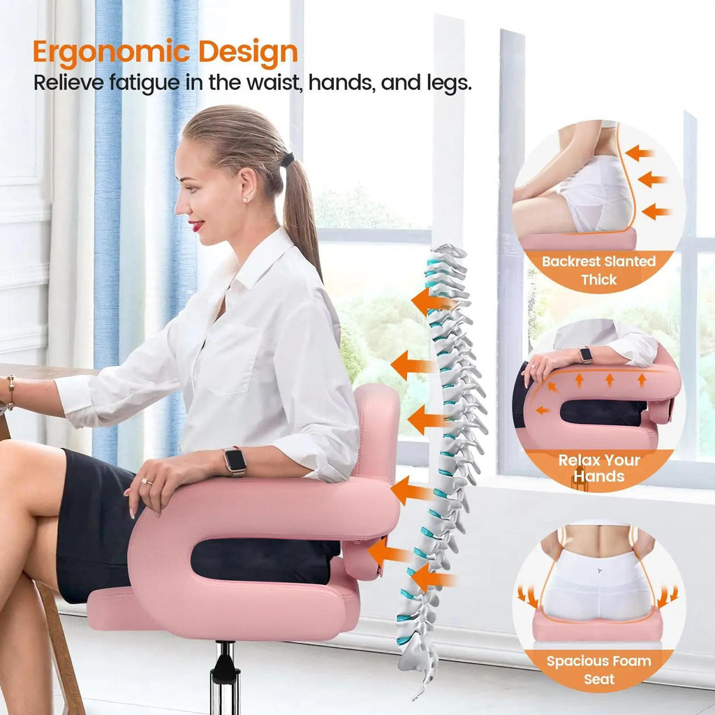 Faux Leather Swivel Office Chair, Height Adjustable Ergonomic Desk Chair, Vanity Chairs Lumbar Support and C-Armrests for Office Bedroom Living Room, Pink