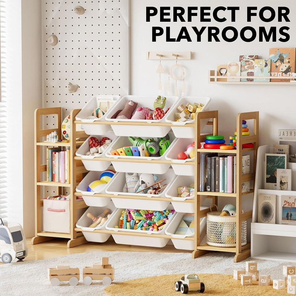 Kids Wooden Toy Storage Organizer, Toy Shelving Unit with 12 Removable Bins & 6 Open Shelves, Multi‑Purpose Children Bookcase Storage Cabinet for Playroom Bedroom Nursery
