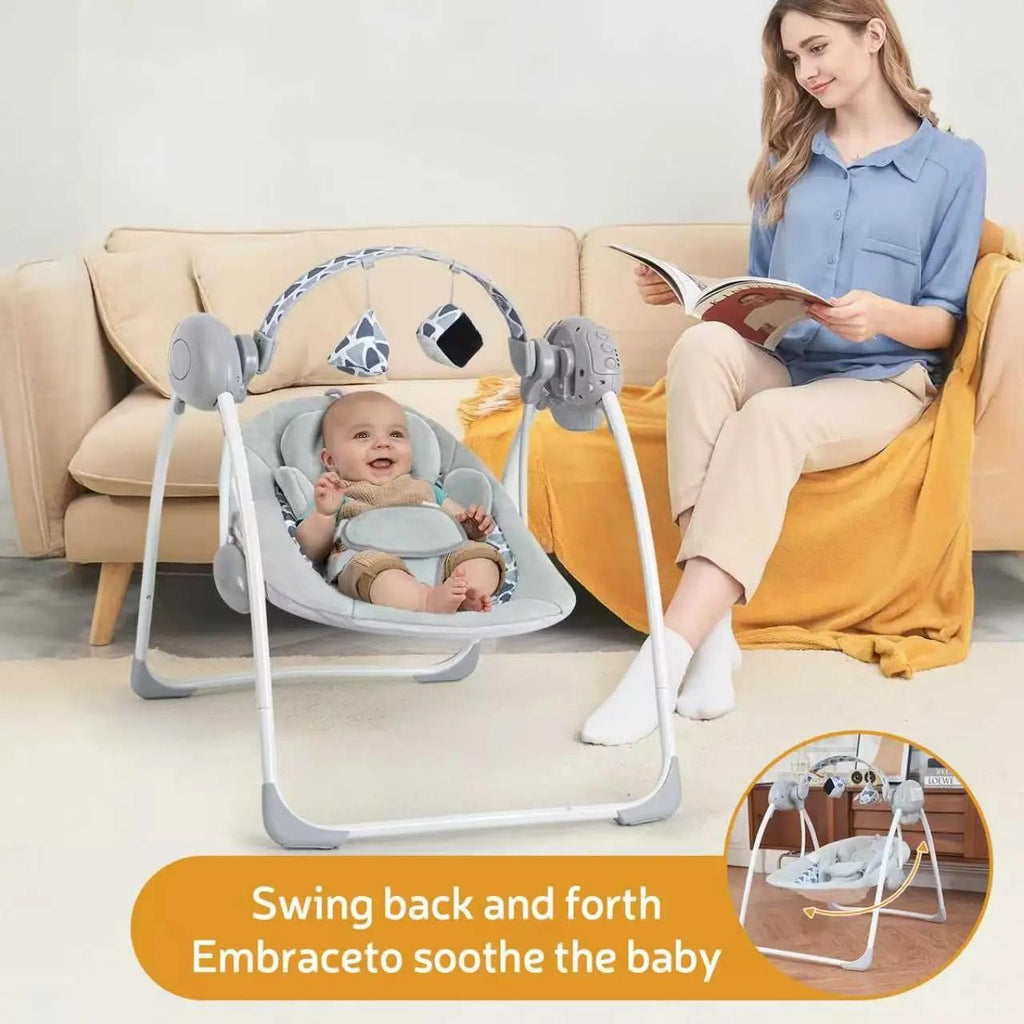 Battery Operated Foldable Baby Swing with 5 Adjustable Swing Speed, Auto Off Timer, Built-in Calming Music & Hanging Toys, Portable Infant Rocker for Newborn Nursery Use