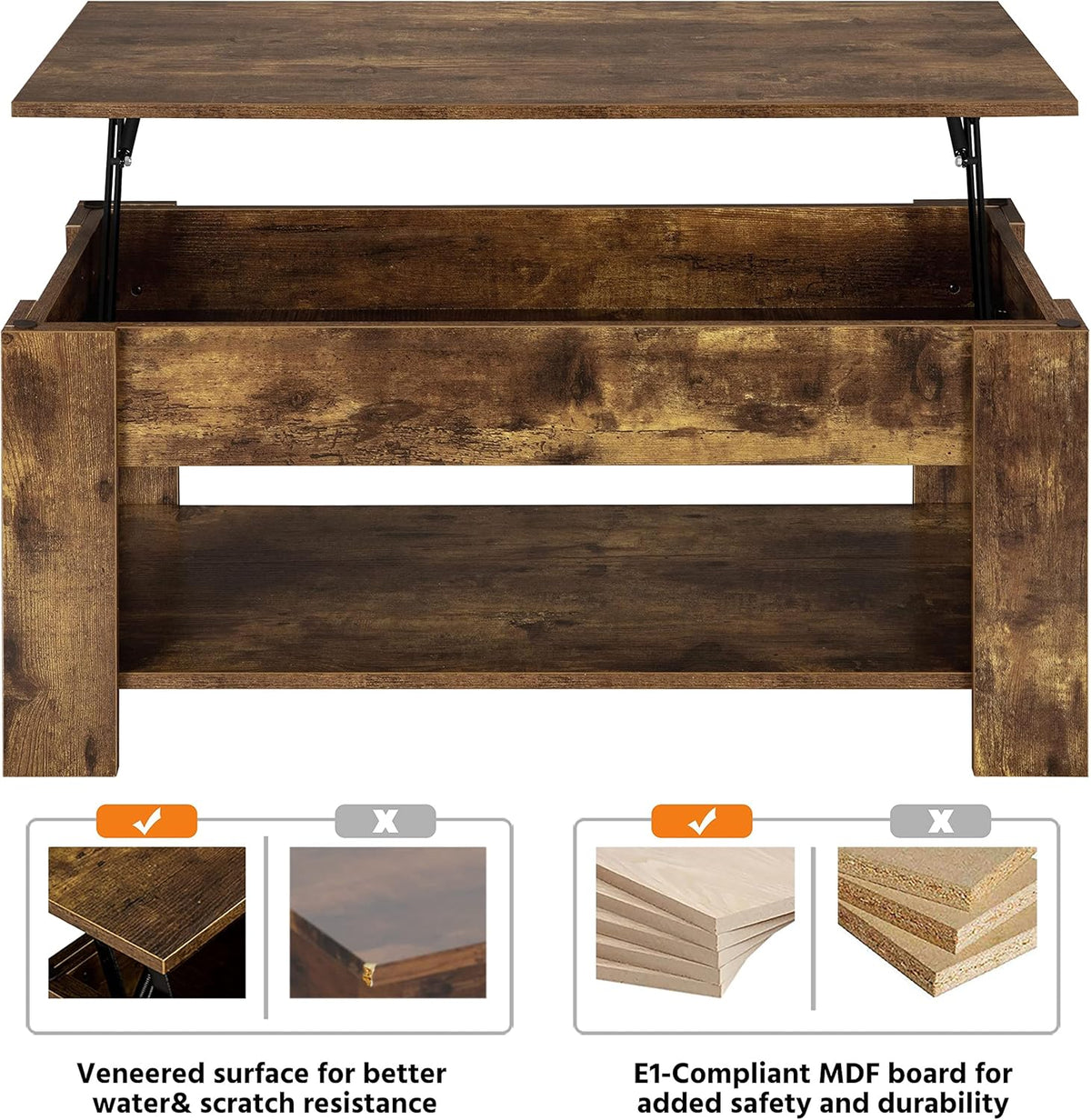 【NS】Lift Up Coffee Table, Wooden Lifting Tea Table with Hidden Storage Drawer and Open Shelf for Living Room/Reception, Rustic Brown, 98x50x(42-56) cm