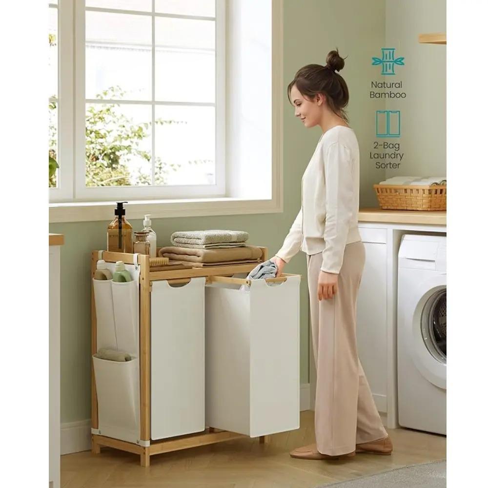 `Cream‑White Compartment Bamboo Laundry Sorter Hamper, Laundry Storage Organizer with Top Shelf, Removable Laundry Bags & Side Storage Pockets for Bathroom & Laundry Room`