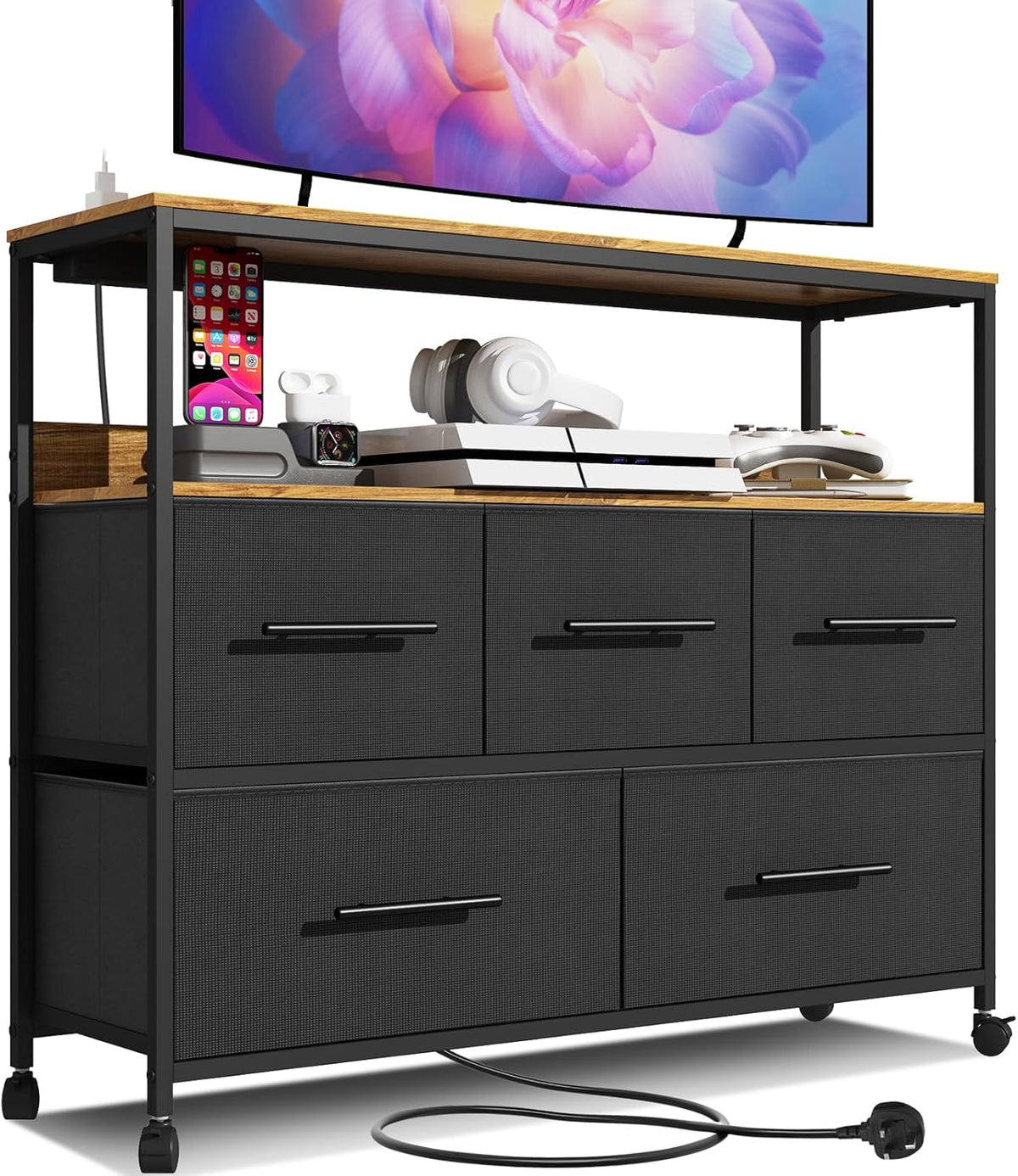 Chest of Drawers with Charging Station, Bedroom Dresser with 5 Fabric Drawers, TV Stand with Storage Shelf, 4 Castors and Metal Frame (Black)