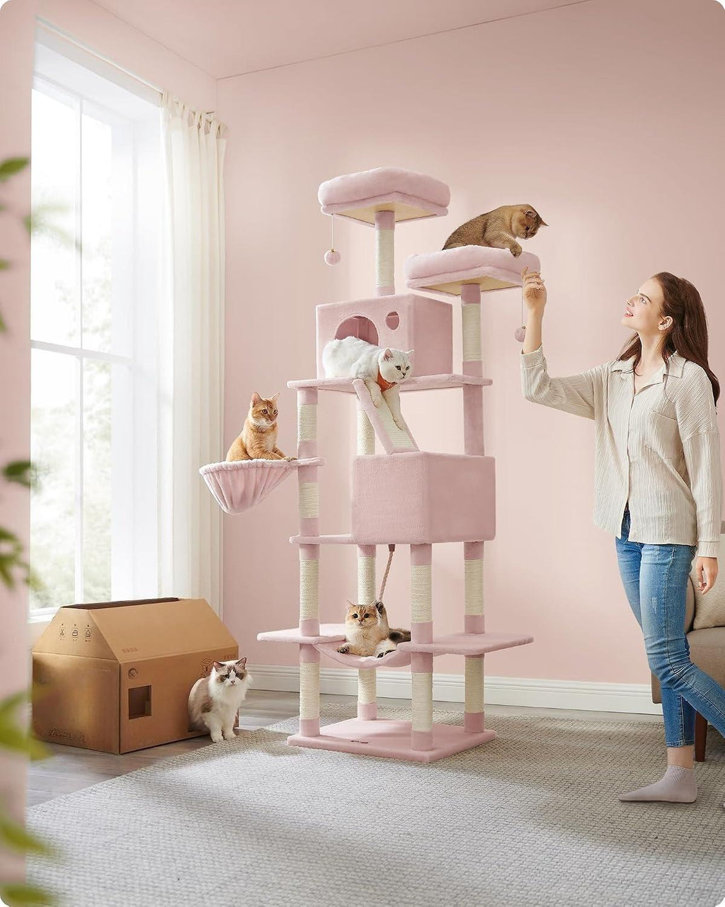 Tall Large Cat Tree 206 cm, Multi‑Level Plush Cat Tower with 13 Sisal Scratching Posts, Scratching Ramp, 2 Perches, 2 Cat Caves, Basket & Hammock, Interactive Pom‑pom Toys for Indoor Multi‑Cat Households
