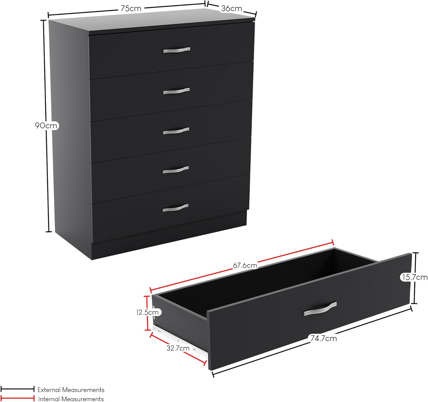 5 Drawer Chest of Drawers, Metal Handles and Runners, Anti-Bowing Drawer Support, Bedroom, Nursery Furniture,