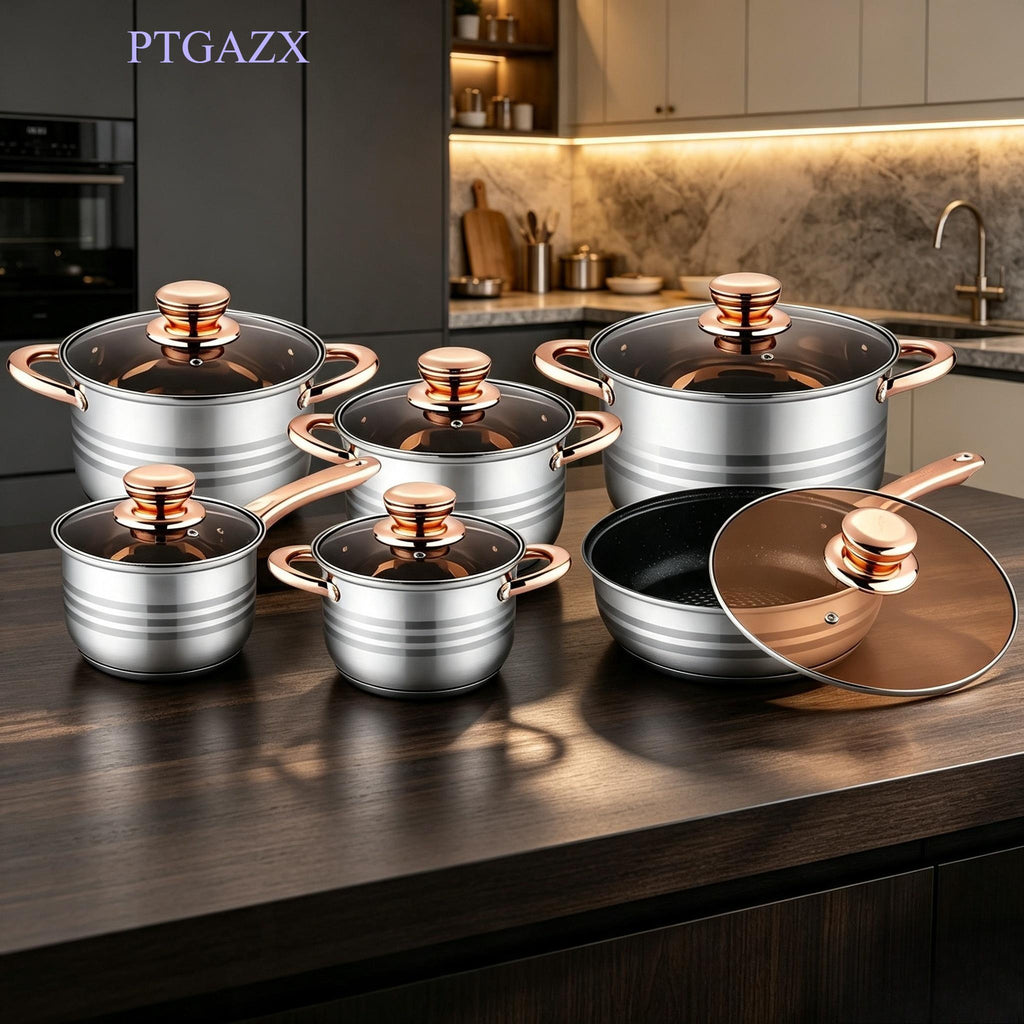 12‑Piece Stainless Steel Cookware Set with Glass Lids, Non‑Stick Casserole & Stockpot, Rose Gold Handles, Induction Compatible Kitchen Cooking Pots Set