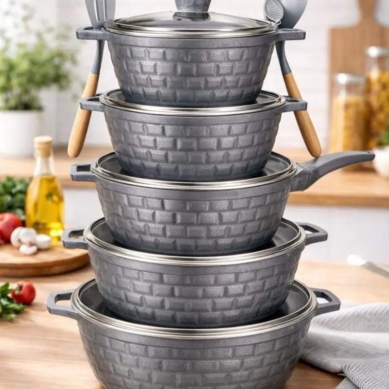 5‑Piece Die‑Cast Non‑Stick Cookware Set, Kitchen Pots and Pans Set‑Including 20/24/28/32cm Casserole Stock Pots & 28cm Frying Pan with 2 Cooking Spoons, Compatible with Induction, Gas & Electric Stovetops