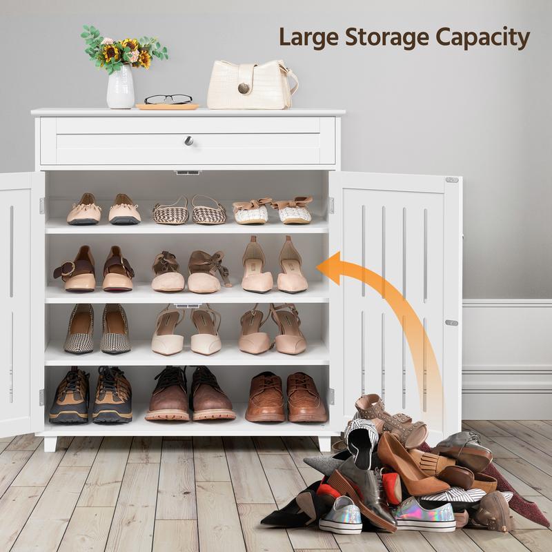 Freestanding Wooden Shoe Storage Cabinet, 4‑Tier Shoe Organiser with Drawer & Doors, Adjustable Shelves, Anti‑Tipping Design, Holds 15‑18 Pairs Shoes for Entryway Hallway Bedroom