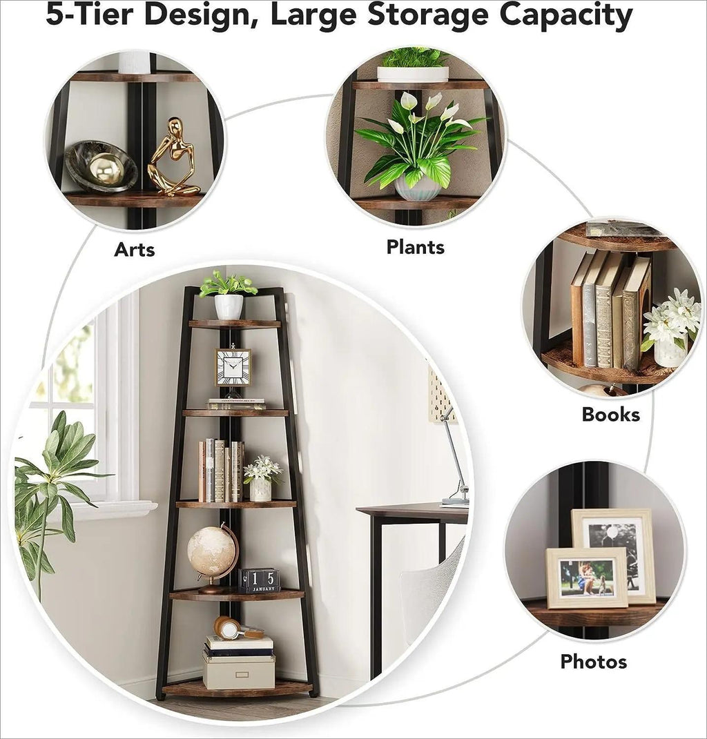 70 Inch Tall 5-Tier Corner Bookshelf, Ladder Style Open Storage Bookcase with Sturdy Metal Frame, Smooth Round Edge Freestanding Corner Organizer Rack for Living Room Bedroom Kitchen Home Display
