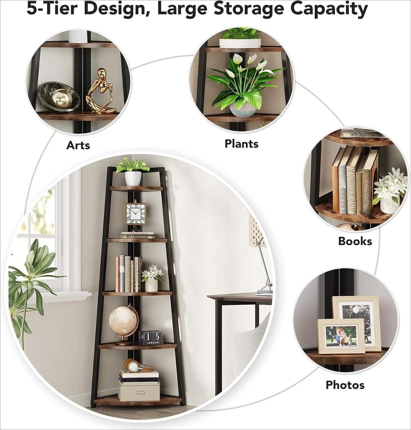 70 Inch Tall 5-Tier Corner Bookshelf, Ladder Style Open Storage Bookcase with Sturdy Metal Frame, Smooth Round Edge Freestanding Corner Organizer Rack for Living Room Bedroom Kitchen Home Display