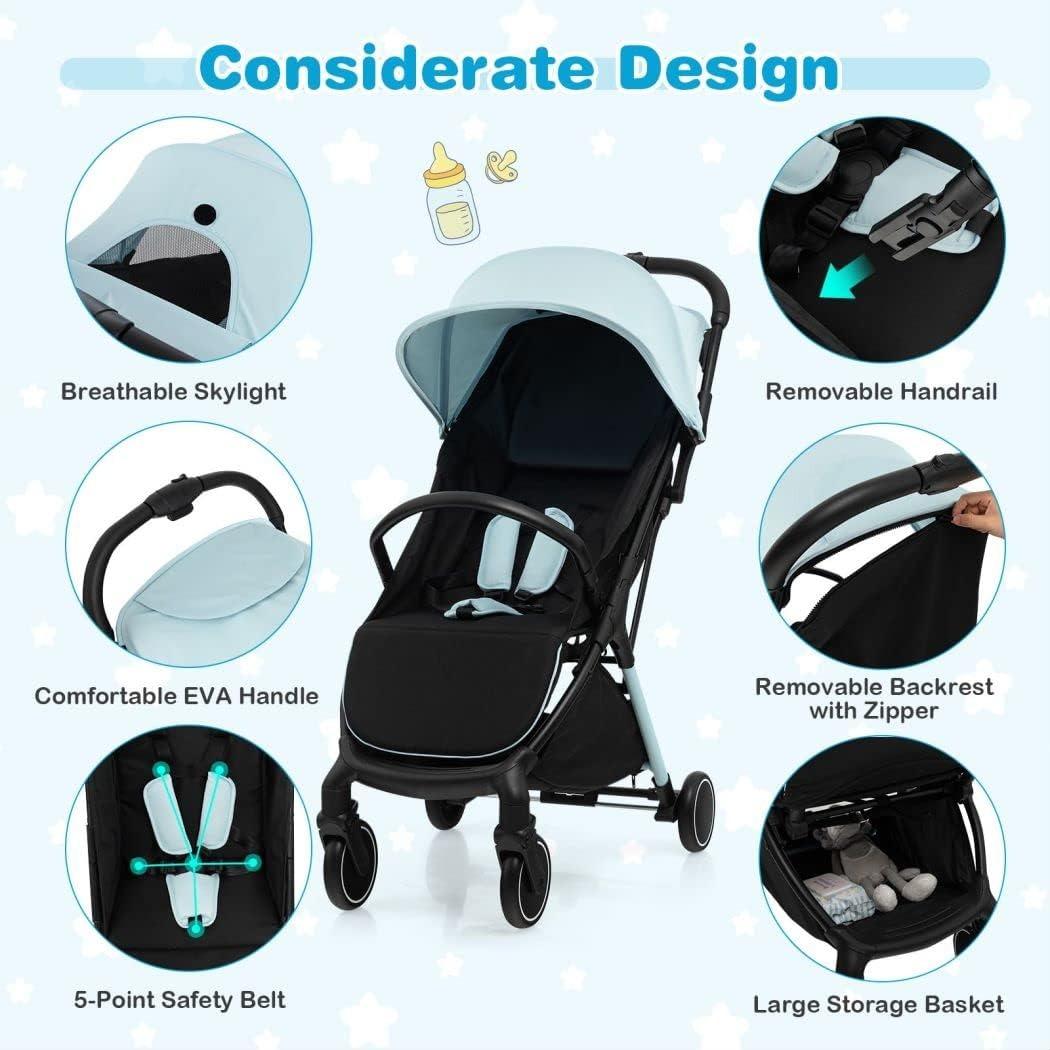 Lightweight Portable Baby Stroller, One-Hand Fold Travel Pushchair with Washable Seat Cover, 5-Point Safety Harness, Adjustable Canopy & Backrest & Footrest, Anti-Slip Brake Travel Buggy for Newborns 0–3 Years