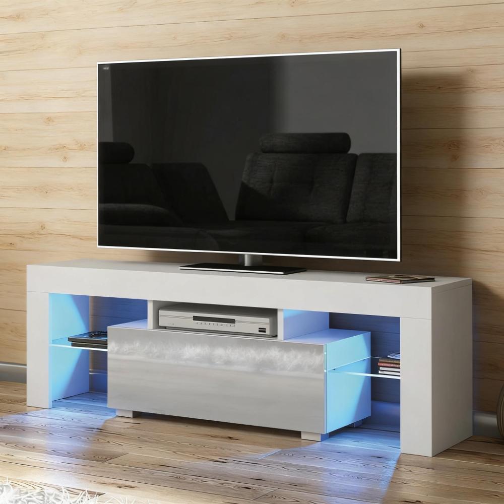 130cm Modern High Gloss TV Stand with LED Light & Glass Shelves Storage Cabinet [Plus A Free Gift]