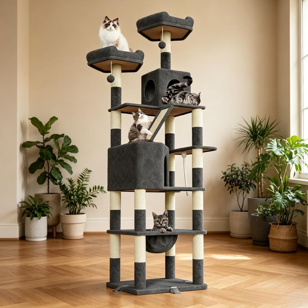 208cm Extra Large Cat Tree, Multi-level Scratching Post Climbing Tower with Hammock Basket, Activity Centre for Playful Cats [Plus A Free Gift]