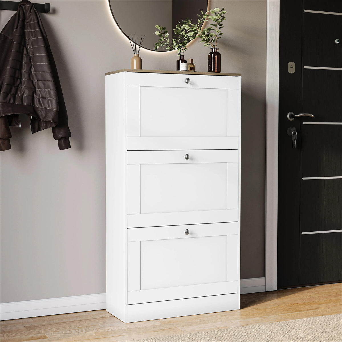 3 Drawer Pull-Down Shoe Cabinet, Slim Space-Saving Wooden Shoe Storage Organizer with Oak Top Surface, Hidden Footwear Storage Cabinet for Entryway Hallway Bedroom Home Furniture