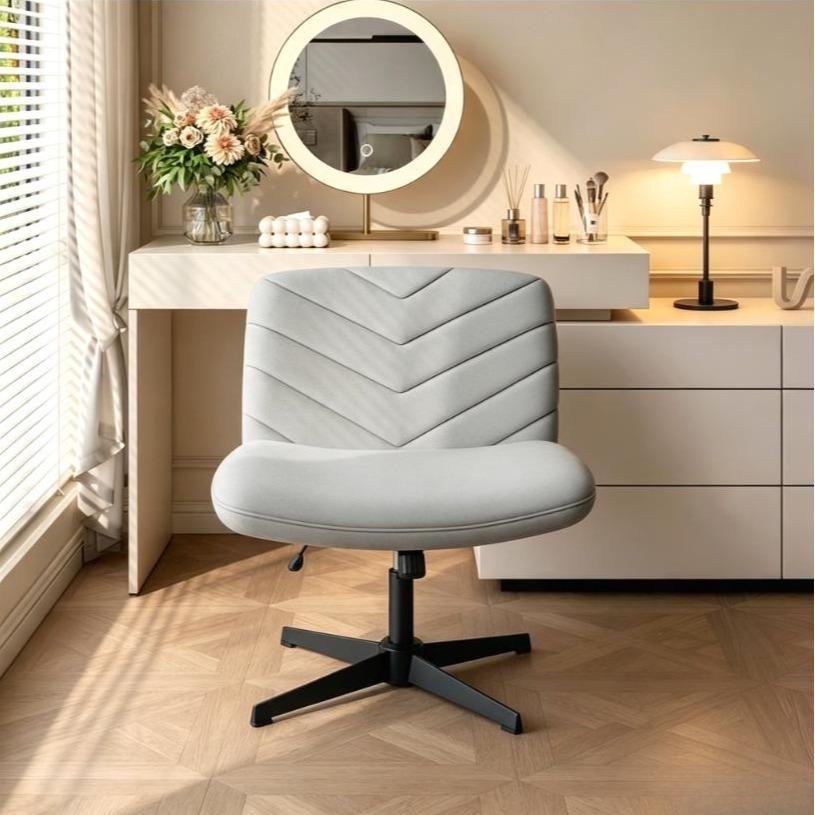 Armless Wide‑Seat Swivel Desk Chair, Adjustable Height X‑Base Mid‑Back Task Chair, Comfy Vanity Chair for Home Office, Study & Makeup
