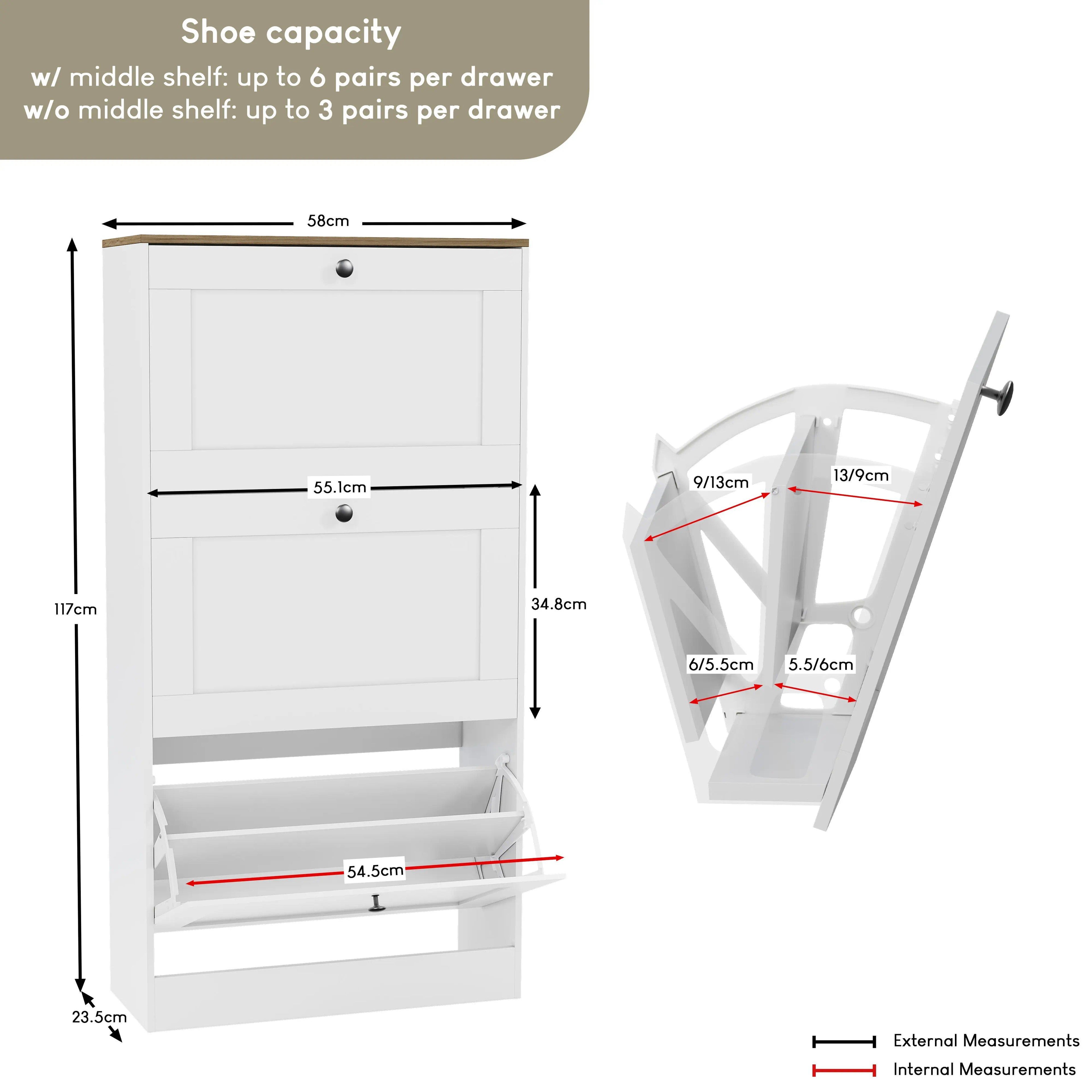 3 Drawer Pull-Down Shoe Cabinet, Slim Space-Saving Wooden Shoe Storage Organizer with Oak Top Surface, Hidden Footwear Storage Cabinet for Entryway Hallway Bedroom Home Furniture