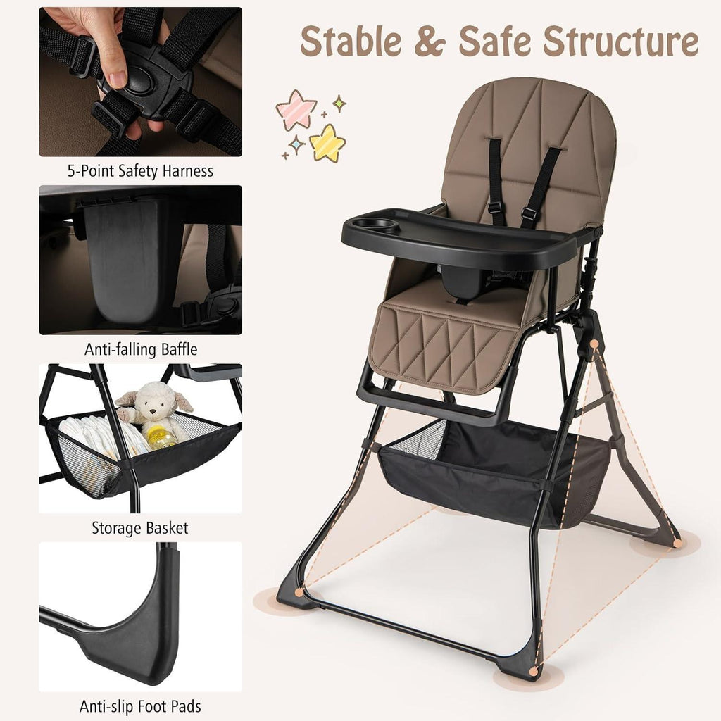 Foldable Baby High Chair, Compact Lightweight Toddler Feeding Highchair with 3‑Position Adjustable Tray & Footrest, Removable Seat Cushion, 5‑Point Safety Harness for 6‑36 Months