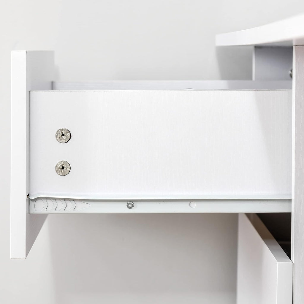 【NS】Computer Desk, Writing Table, PC Workstation with 3 Storage Shelves and Drawers, Silver Handle, for Home Office, White