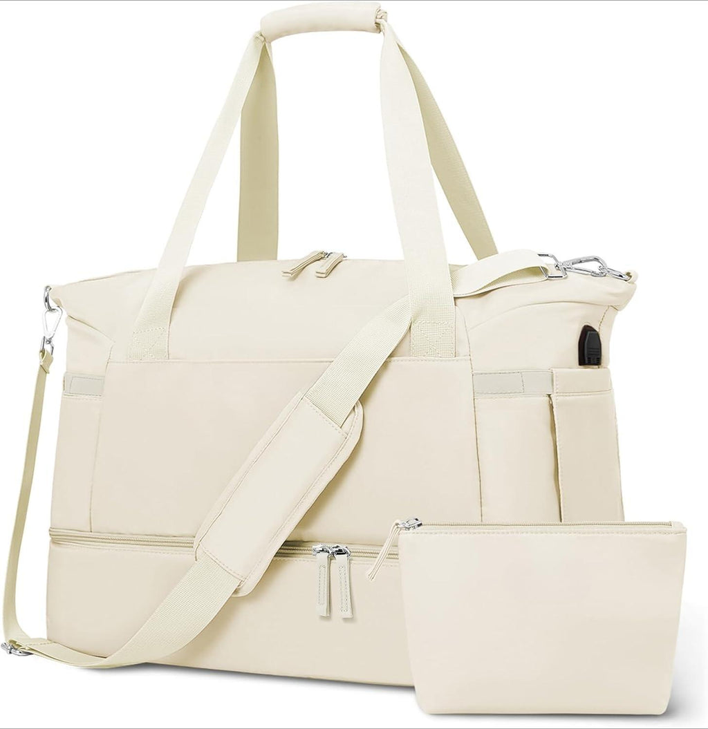 Gym Bag Womens, Travel Duffel Bag, Easyjet Cabin Bag 45x36x20 Underseat, Weekend Bag with Shoes Compartment, Hospital Bag with Wet Pocket & USB Charging Port, Overnight Sports Bag, Beige