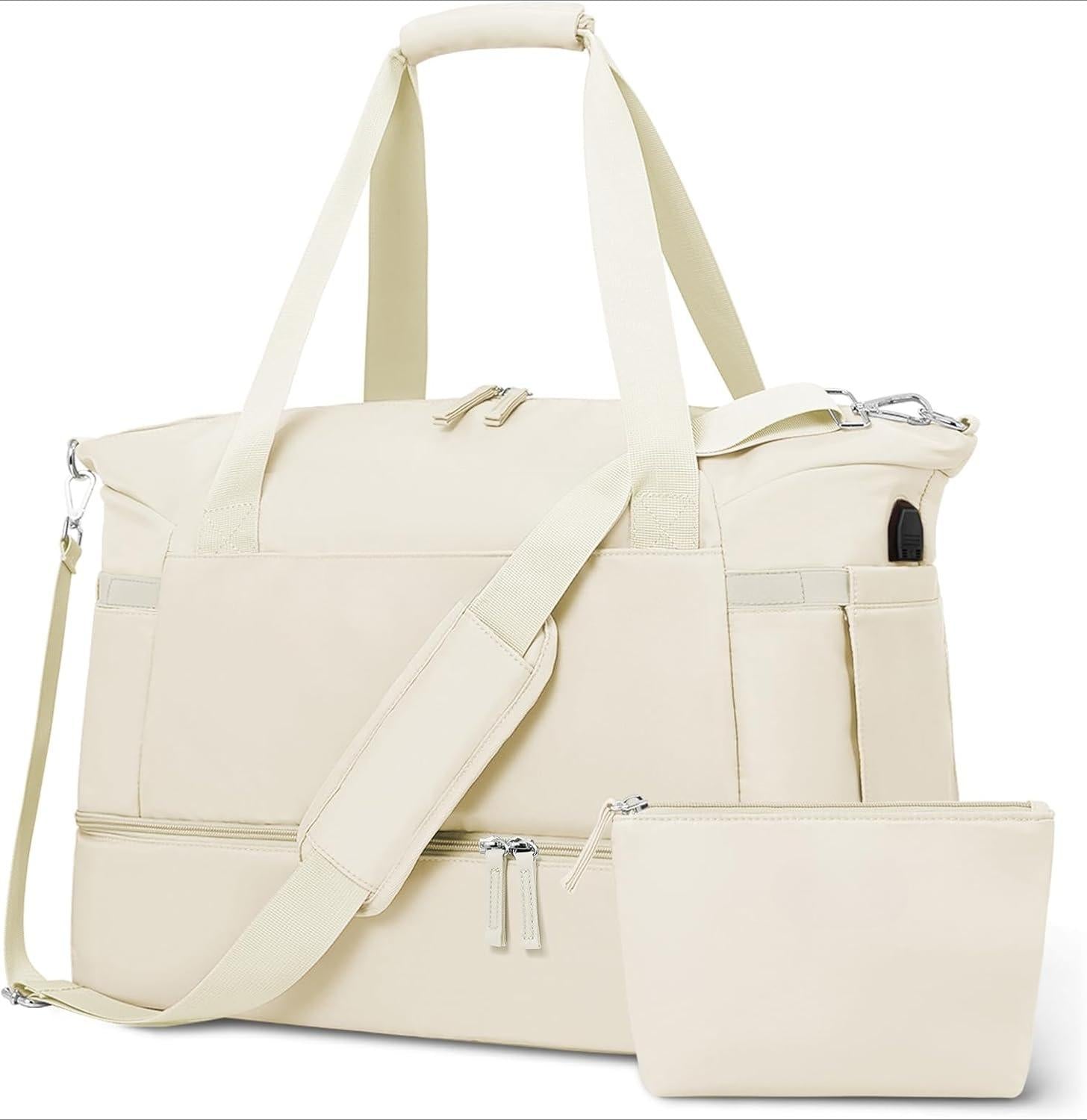 Gym Bag Womens, Travel Duffel Bag, Easyjet Cabin Bag 45x36x20 Underseat, Weekend Bag with Shoes Compartment, Hospital Bag with Wet Pocket & USB Charging Port, Overnight Sports Bag, Beige
