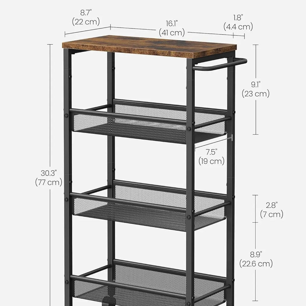 VASAGLE 4-Tier Trolley, Space-Saving Kitchen Cart with Wheels, Steel Frame, Handle, Slim StorageTrolley for Small Spaces, 22 x 45.5 x 77 cm, Kitchen Bathroom Living Room Studio Organiser Racks