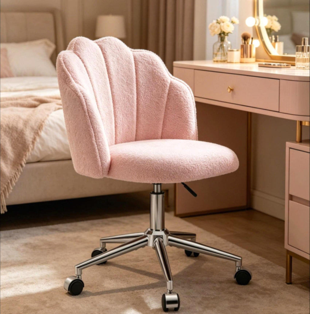 Shell‑Shaped Teddy Fabric Vanity Chair, White & Pink 360° Swivel Height Adjustable Makeup Desk Chair with Silent Wheels, Padded Rolling Armchair for Bedroom Dressing Room Home Office