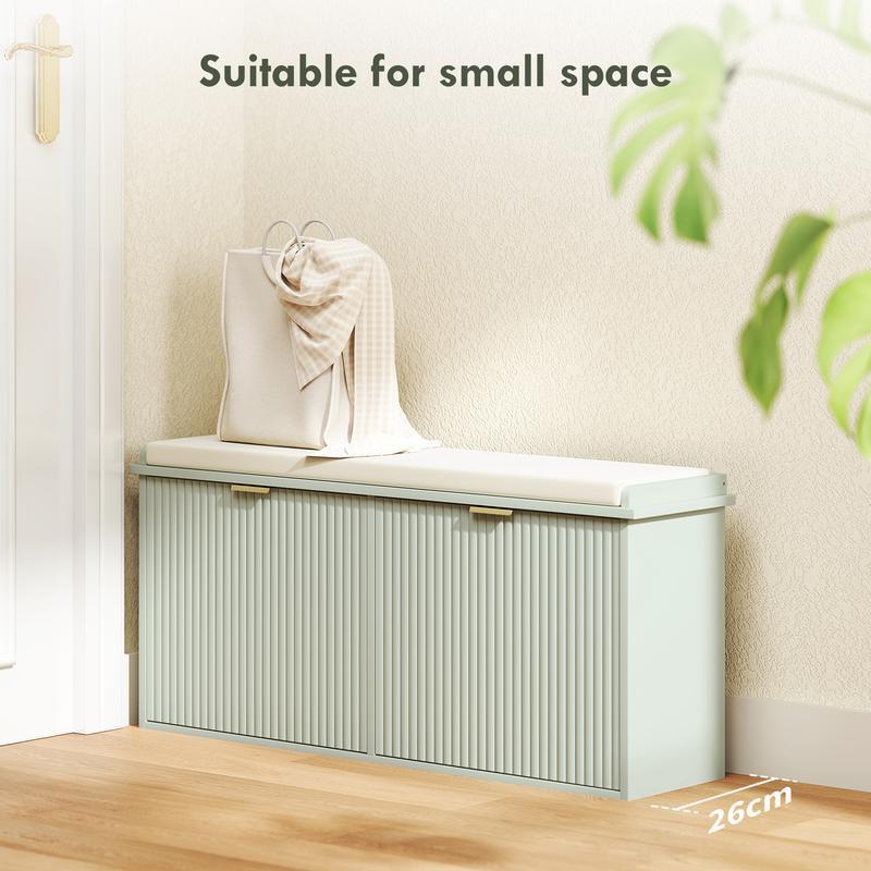 Slim Hallway Shoe Bench with Comfort Padded Linen Seat & 2 Flip-Top Storage Drawers, Heavy Duty Solid Wood Leg Shoe Cabinet Organizer, Anti-Skid Foot Design Narrow Entryway Shoe Storage Bench for Apartment Porch Home