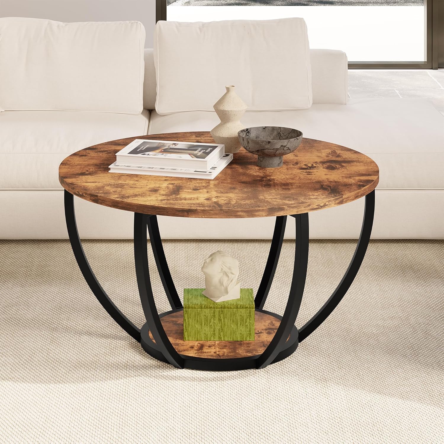 28" Round Coffee Table with Storage for Living Room, 2-Tier Wood Accent Center Table, Sofa Table for Home Office, Brown