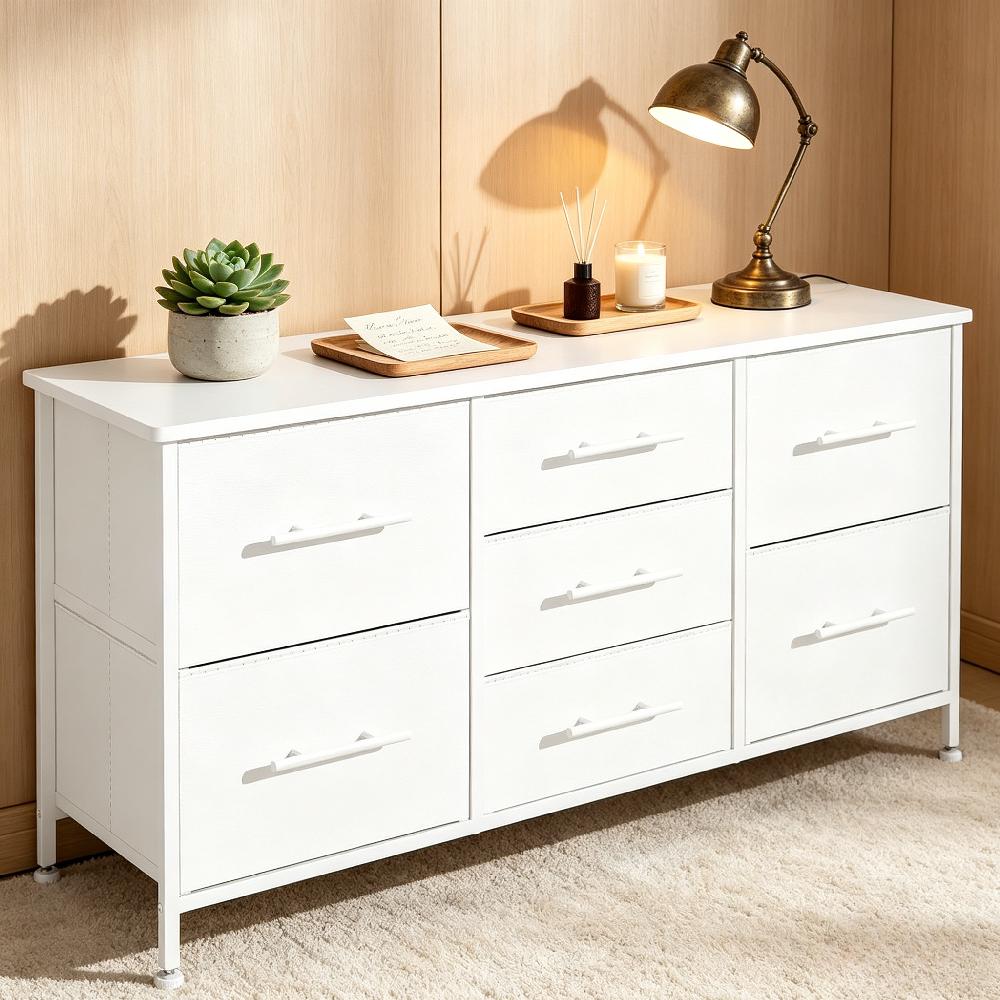 Black 7 Fabric Drawer Chest of Drawers Dresser TV Stand on Castors Metal Frame Wooden Top Storage Organizer Bedroom Living Room