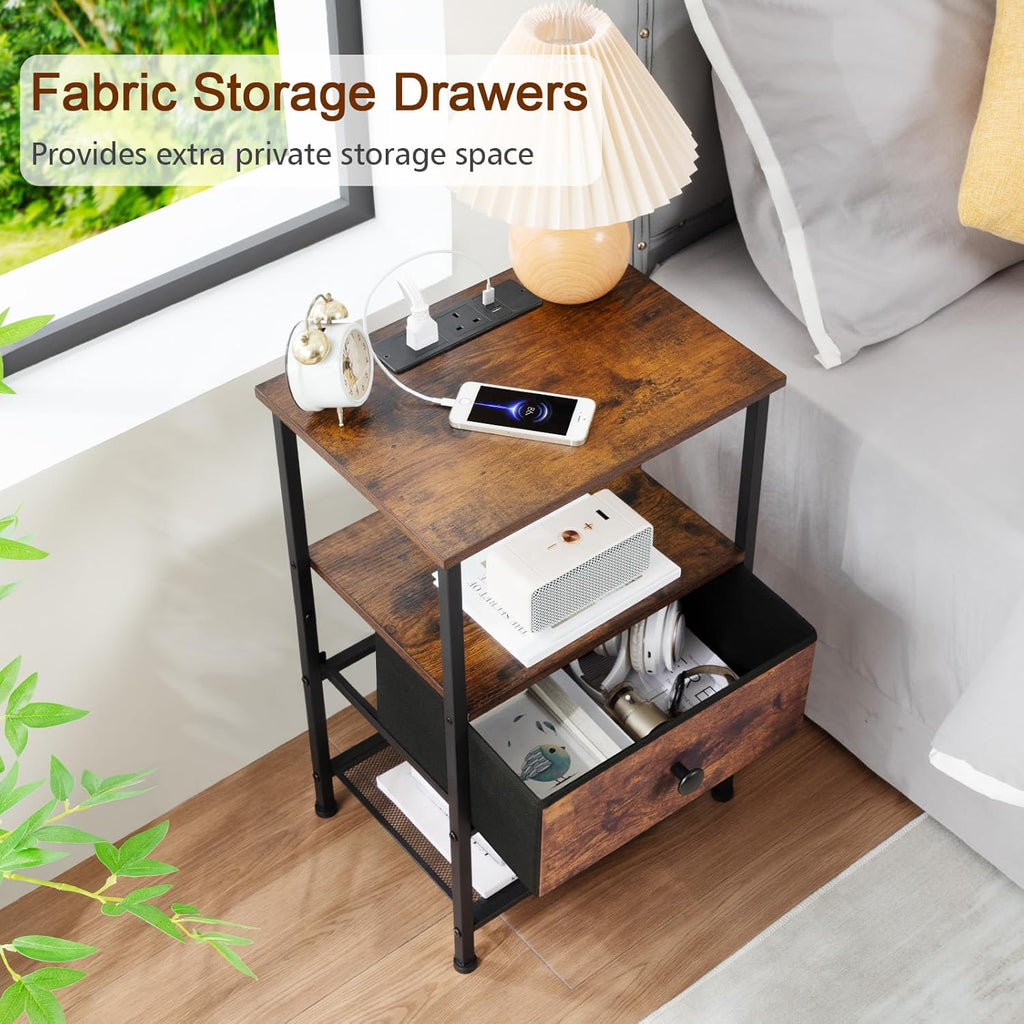 Bedside Table Set of 2 with Charging Station, Nightstand with 2 AC Outlets & USB Ports, Fabric Drawer Night Stand with Open Storage Shelf, Small Side End Table for Bedroom Living Room, Small Space Furniture, Black / Brown