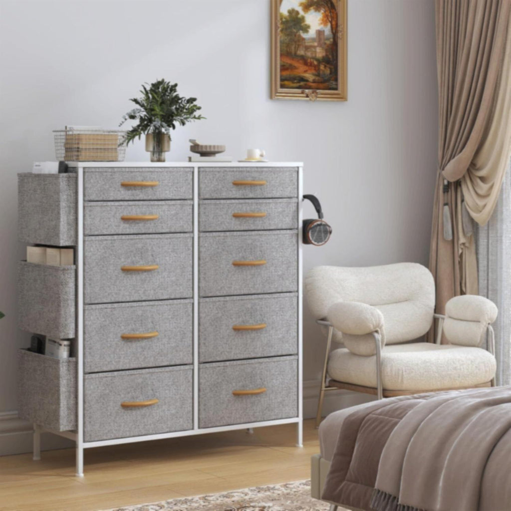 White Tall 10‑Drawer Fabric Dresser with 3 Side Pockets, Chest of Drawers with MDF Wood Top & Metal Frame, Anti‑Tip Storage Organizer for Bedroom Closet Living Room Dorm Office