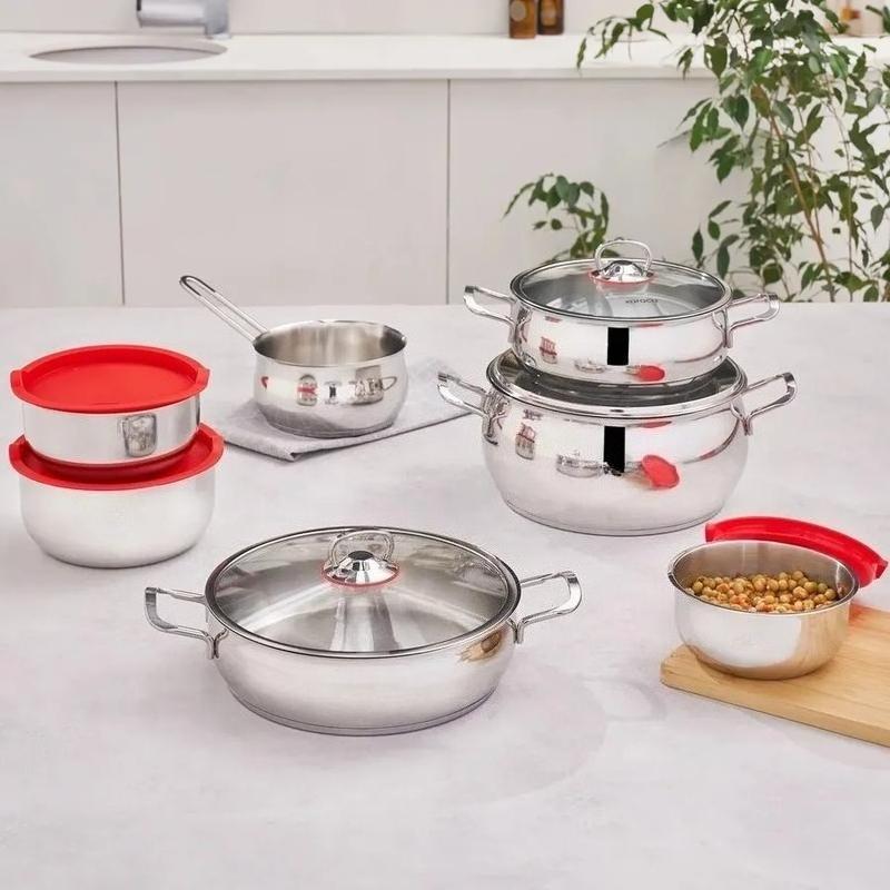 Store 13-Piece Stainless Steel Cookware Set, Even Heat Distribution, Long-Lasting Heat Retention Time-Saving Durable Kitchen Pots & Pans, Heat-Resistant Glass Lids, Induction Compatible, Dishwasher Safe Silver Cooking Ware Set