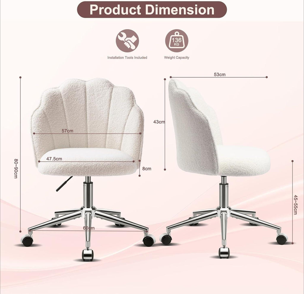 Shell‑Shaped Teddy Fabric Vanity Chair, White & Pink 360° Swivel Height Adjustable Makeup Desk Chair with Silent Wheels, Padded Rolling Armchair for Bedroom Dressing Room Home Office