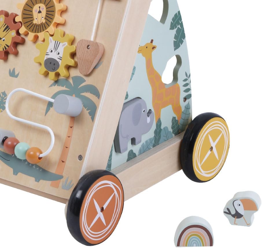 Wooden Baby Push‑Along Activity Walker, Toddler Learning Walker with Multi‑Sensory Early Developmental Toys, Ideal for Boys and Girls, 18 Months+
