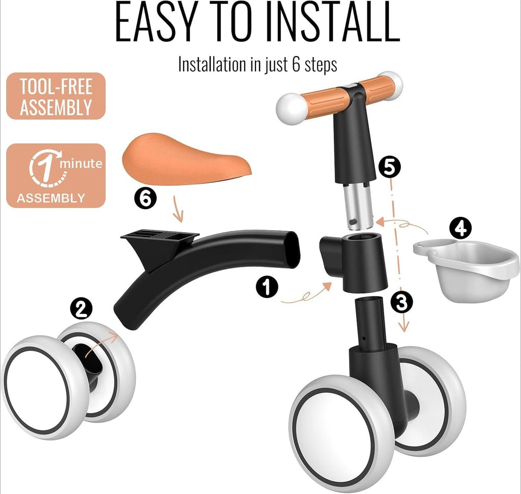4‑Wheel Baby Balance Bike, No‑Pedal Toddler Ride‑On Toy with Removable Front Basket, 3‑Level Adjustable Seat, Safe Steering Limiter, Stable First Walker for Toddlers 12‑24 Months, Ideal 1st Birthday Gift for Boys & Girls